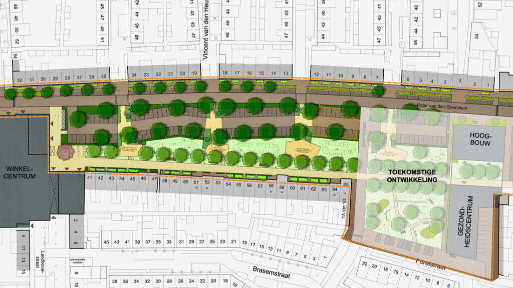 Het ontwerp voor het Pater van den Elsenplein. Inclusief aansluiting op de bestaande voorzieningen en afstemming op de toekomstige stedelijke ontwikkelingen in de omgeving.
